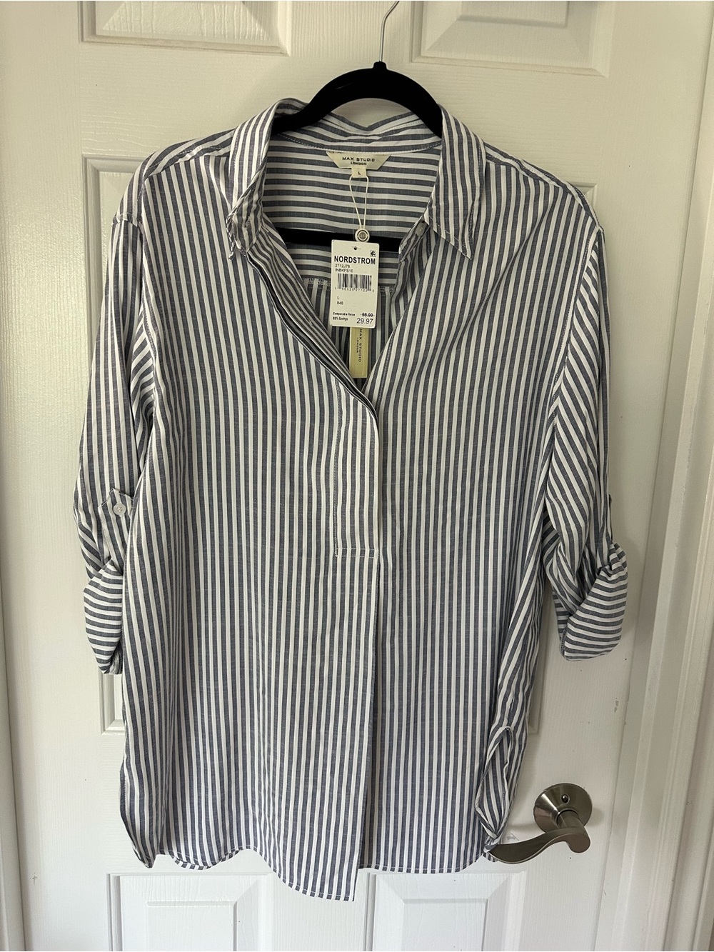 Max Studio Grey and White Vertical Stripe Roll-Tab Blouse